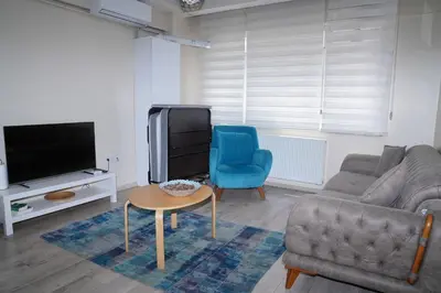 a living room with a couch and a table and a tv at White Rose Apartments in Istanbul