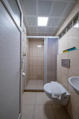 a bathroom with a shower and a toilet and a sink at White Rose Apartments in Istanbul
