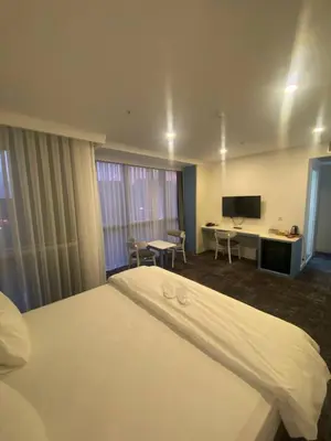 a hotel room with a bed and a desk and a television at No25 Hotels in Corlu
