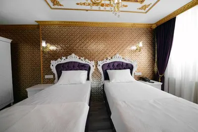 two beds in a bedroom with purple and gold wallpaper at Fatih Babel Park Hotel in Istanbul