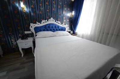 a bedroom with a large bed with a blue and white headboard at Fatih Babel Park Hotel in Istanbul