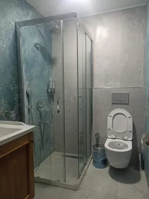 a bathroom with a shower with a toilet and a sink at Duru Hanım Konağı in Mudanya