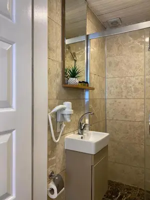 a bathroom with a sink and a shower at Pera Standard Rooms in Istanbul