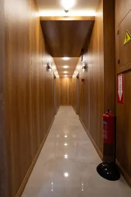 a hallway with wooden walls and a fire hydrant at Kemer City Hotel İstanbul Airport in Kemerburgaz