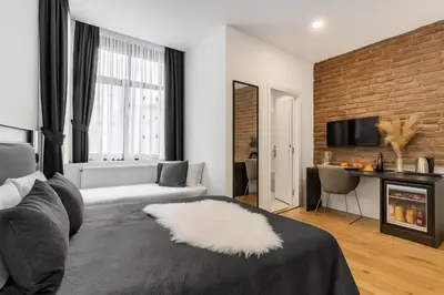 a living room with a couch and a fireplace at Big Urban Taksim Terrace Stay in Istanbul