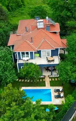 an aerial view of a house with a swimming pool at Villa Denizci in Sapanca