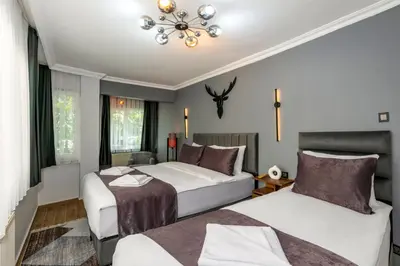 a hotel room with two beds and a chandelier at Cenova Suite Hotel in Istanbul