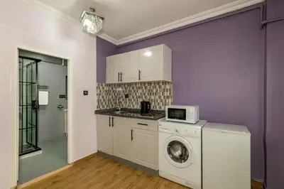 a kitchen with a washing machine and a microwave at Cenova Suite Hotel in Istanbul