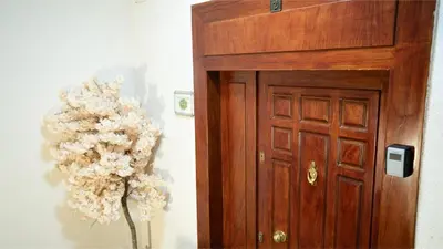 a vase of flowers next to a wooden door at Taksim Green Flat Apartment in Istanbul