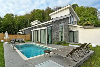 a swimming pool with chairs and a house at New Balturk Nature Villas in Sapanca