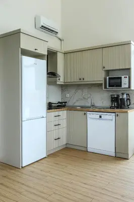 a kitchen with white appliances and a white refrigerator at New Balturk Nature Villas in Sapanca
