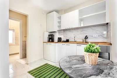 a kitchen with a table with a potted plant on it at Akçe 6 in Istanbul
