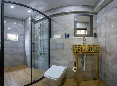 a bathroom with a shower and a toilet and a sink at Deluxe Valeria in Istanbul