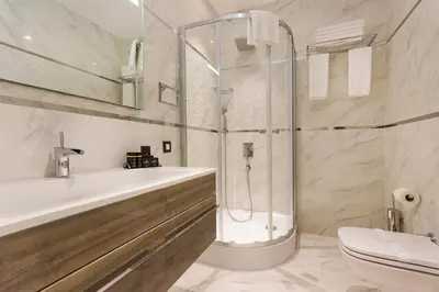 a bathroom with a shower and a toilet and a sink at Dencity Hotels & Spa in Istanbul