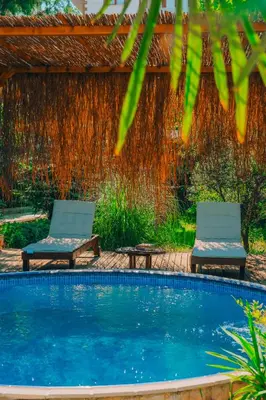 two chairs and a swimming pool in a yard at Sapanca Villa Şen in Sapanca