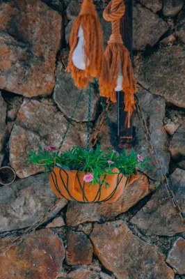 a flower pot hanging from a stone wall at Sapanca Villa Şen 2 in Sapanca