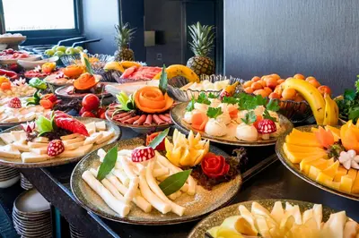 a buffet with many plates of food on a table at ivy Hotel Spa in Yalova