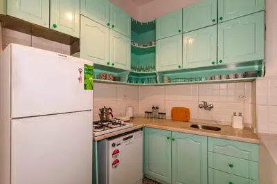 a kitchen with green cabinets and a white refrigerator at The Heaven on Heritage Street in Istanbul