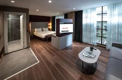 a living room with a couch and a bed and a television at Hotel Bosfora in Istanbul