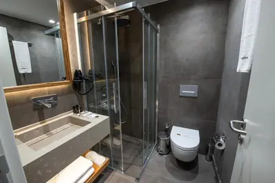 a bathroom with a shower and a toilet and a sink at Hotel Bosfora in Istanbul