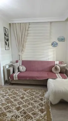 a living room with a red couch and a rug at An Istanbul tale, an Istanbul dream, garden house in Istanbul
