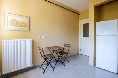 a room with a table and chairs and a refrigerator at Charming New 1BD Home - Close to Shoreline! #395 in Sarıyer