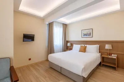a hotel room with a bed and a television at Lalahan Hotel in Istanbul
