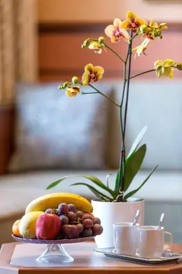 a table with a plate of fruit and a vase with flowers at Lalahan Hotel in Istanbul