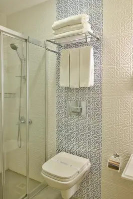 a bathroom with a toilet and a shower and towels at Istanbul Life Hotel in Istanbul