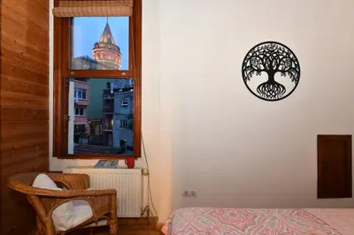 a bedroom with a bed and a window with a tree on the wall at Historical Flat Unique Terrace AC in Beyoğlu Galata in Istanbul