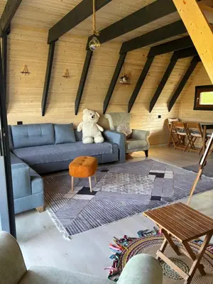 a living room with a blue couch and a teddy bear at Karahan bungalov in Tayakadın