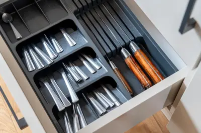 a drawer full of utensils in a kitchen at Pia Homes- Gümüşsuyu in Istanbul