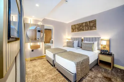 a hotel room with a bed and a television at Lions Royal Hotel in Istanbul