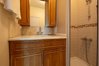 a bathroom with a sink and a shower at House with Terrace in Sultanahmet in Istanbul