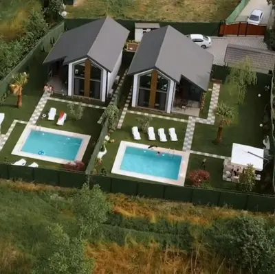 an aerial view of a house with a swimming pool at Deep Luxury Sapanca in Sapanca