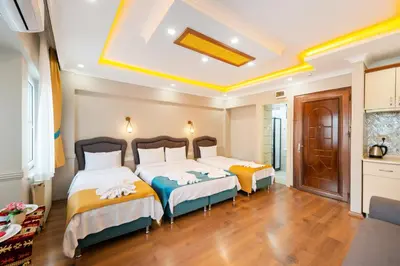 two beds in a room with wooden floors at Kadirga Studios in Istanbul