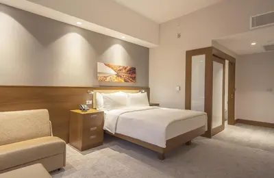 a bedroom with a bed and a chair and a couch at Hampton By Hilton Kocaeli Symbol in Kocaeli