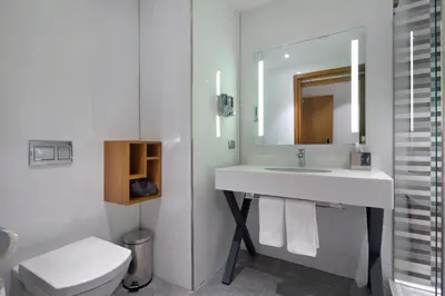 a bathroom with a sink and a toilet and a mirror at Hampton By Hilton Kocaeli Symbol in Kocaeli