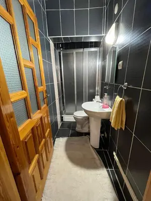 a bathroom with a toilet and a sink at bahçeli ve göl manzaralı ev in Sapanca