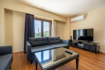 a living room with a couch and a tv at Spacious One Bedroom Apartment with View and Elevator in Istanbul