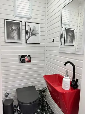 a bathroom with a red sink and a toilet at Ağva Nehir Kenarı TinyHouse Jakuzili in Sile
