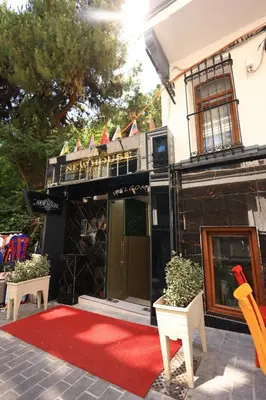 a red carpet in front of a building with a door at New House Hotel in Istanbul