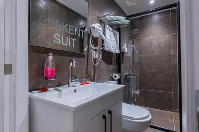 a bathroom with a sink and a toilet and a shower at Atakent Suite Hotel in Istanbul