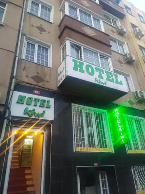 a hotel with neon signs on the side of a building at Hotel Kiwi in Istanbul