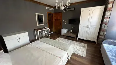 a bedroom with a bed and a couch and a tv at La Fontaine Otel in Mudanya