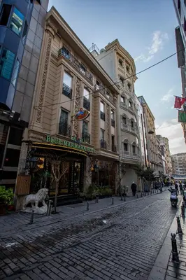 a cobblestone street in front of a building at Laleli Blue Marmaray Hotel in Istanbul