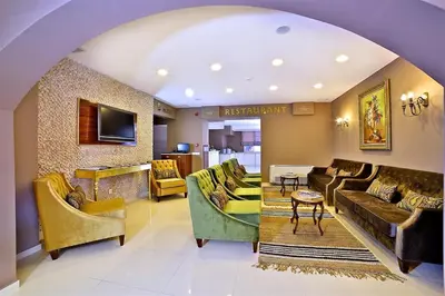 a living room with couches and chairs and a television at The Hera Premium Hotels in Istanbul