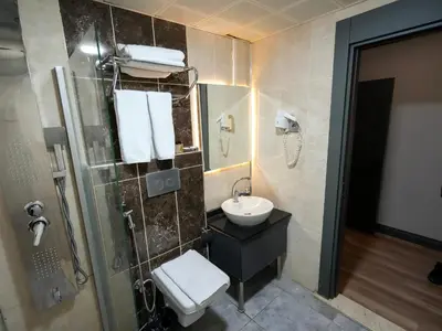 a bathroom with a toilet and a sink and a shower at No 139 Apartments in Istanbul