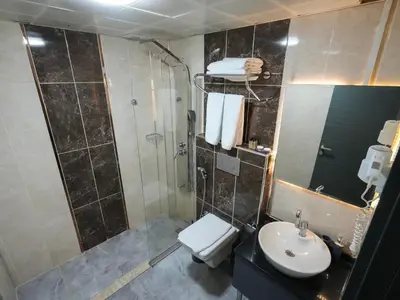 a bathroom with a shower and a toilet and a sink at No 139 Apartments in Istanbul