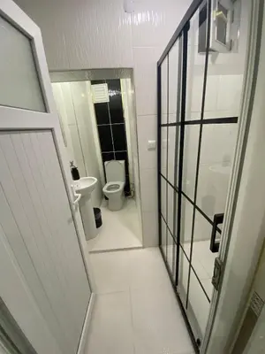 a bathroom with a toilet and a glass door at Suit 2 in Bursa